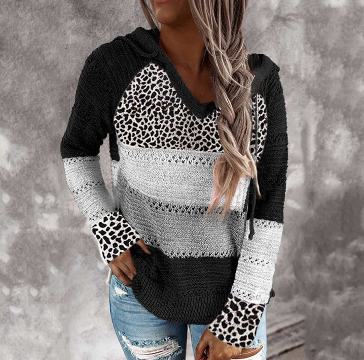 Women's Striped Loose V-neck Hooded Long-sleeve Sweater - KaleaBoutique.com