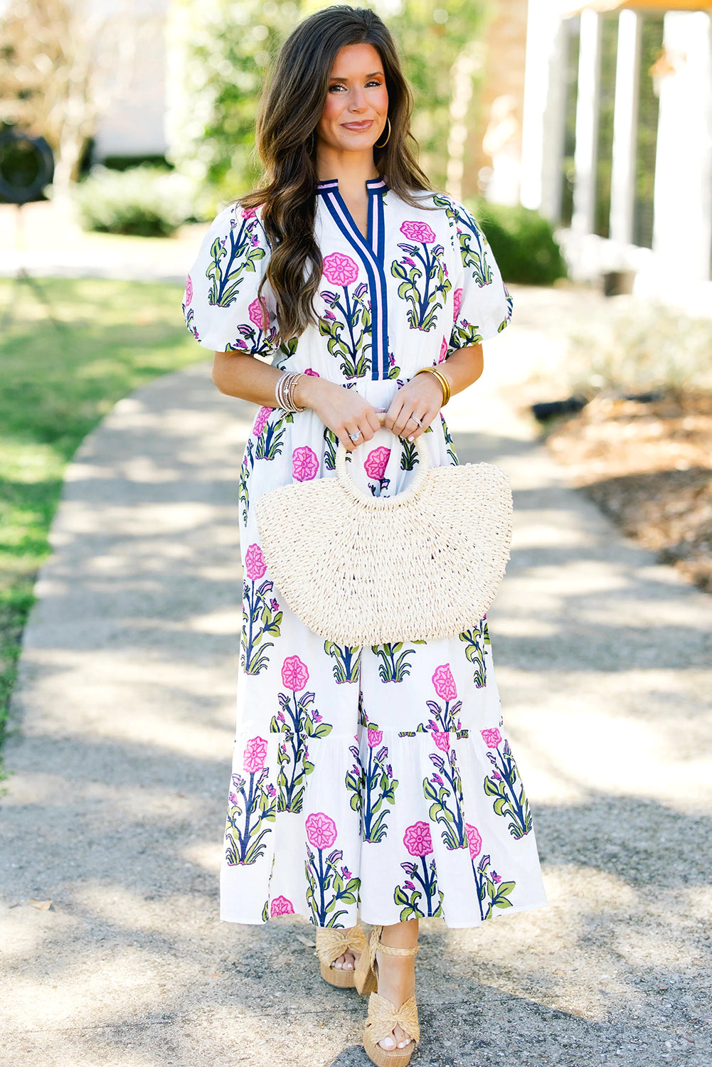 Floral Puff Short Sleeve V Neck High Waist Maxi Dress - KaleaBoutique.com