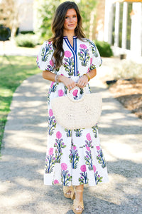 Floral Puff Short Sleeve V Neck High Waist Maxi Dress - KaleaBoutique.com