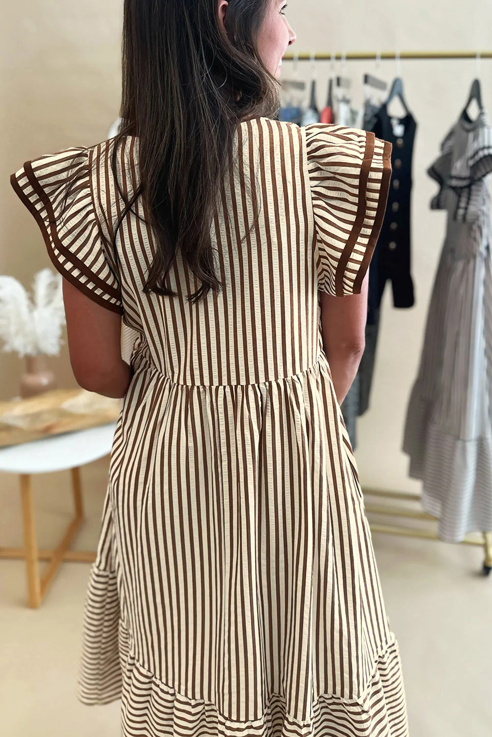 KaleaBoutique Double Ruffled Short Sleeve Contrast Trim V Neck Midi Dress - KaleaBoutique.com