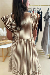 KaleaBoutique Double Ruffled Short Sleeve Contrast Trim V Neck Midi Dress - KaleaBoutique.com