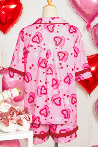 KaleaBoutique Stylish Sweet Heart Cake Print Contrast Ruffle Trim Valentines 2pcs Pajama Set - KaleaBoutique.com