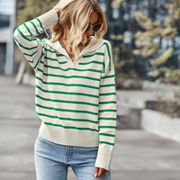 Women's Striped V-Neck Collared Pullover Sweater - KaleaBoutique.com