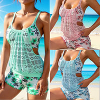 Women's Floral Lace-Panel Swim Top and Shorts 2 PC Tankini Set - KaleaBoutique.com