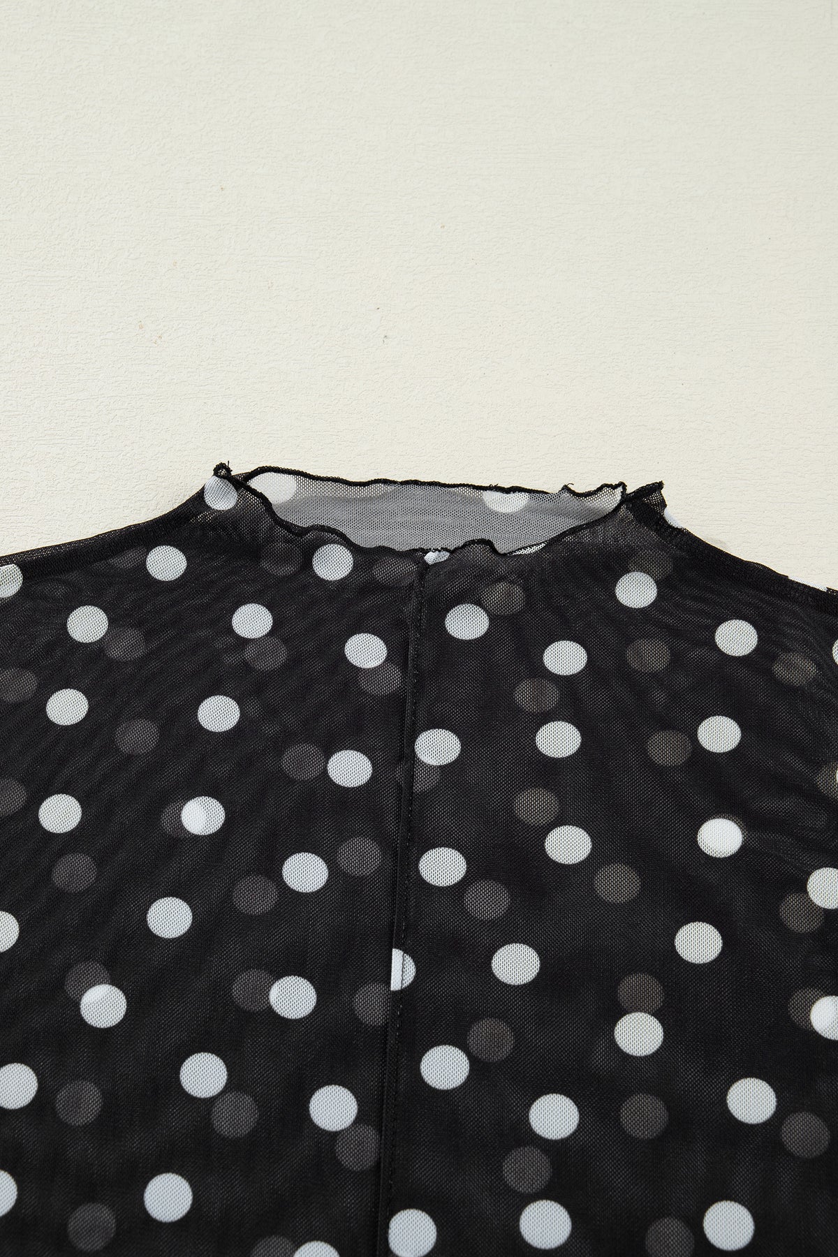 Polka Dot Patterned Bodycon Mock Neck Mesh Long Sleeve Top - KaleaBoutique.com