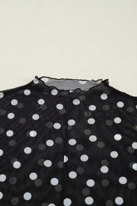 Polka Dot Patterned Bodycon Mock Neck Mesh Long Sleeve Top - KaleaBoutique.com