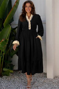 Contrast Leopard Frilled Trim V Neck Bracelet Sleeve Midi Dress - KaleaBoutique.com