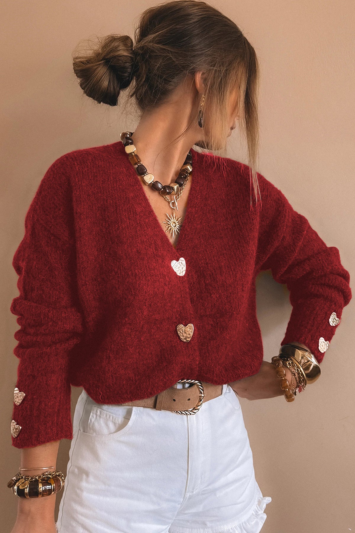 KaleaBoutique Comfortable Heart Metal Button V Neck Cardigan Sweater - KaleaBoutique.com