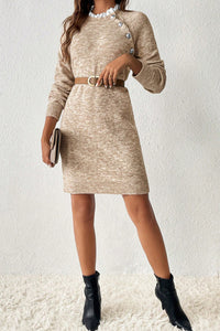 KaleaBoutique Stylish Button Lace Detail Raglan Sleeve Shift Mini Sweater Dress - KaleaBoutique.com