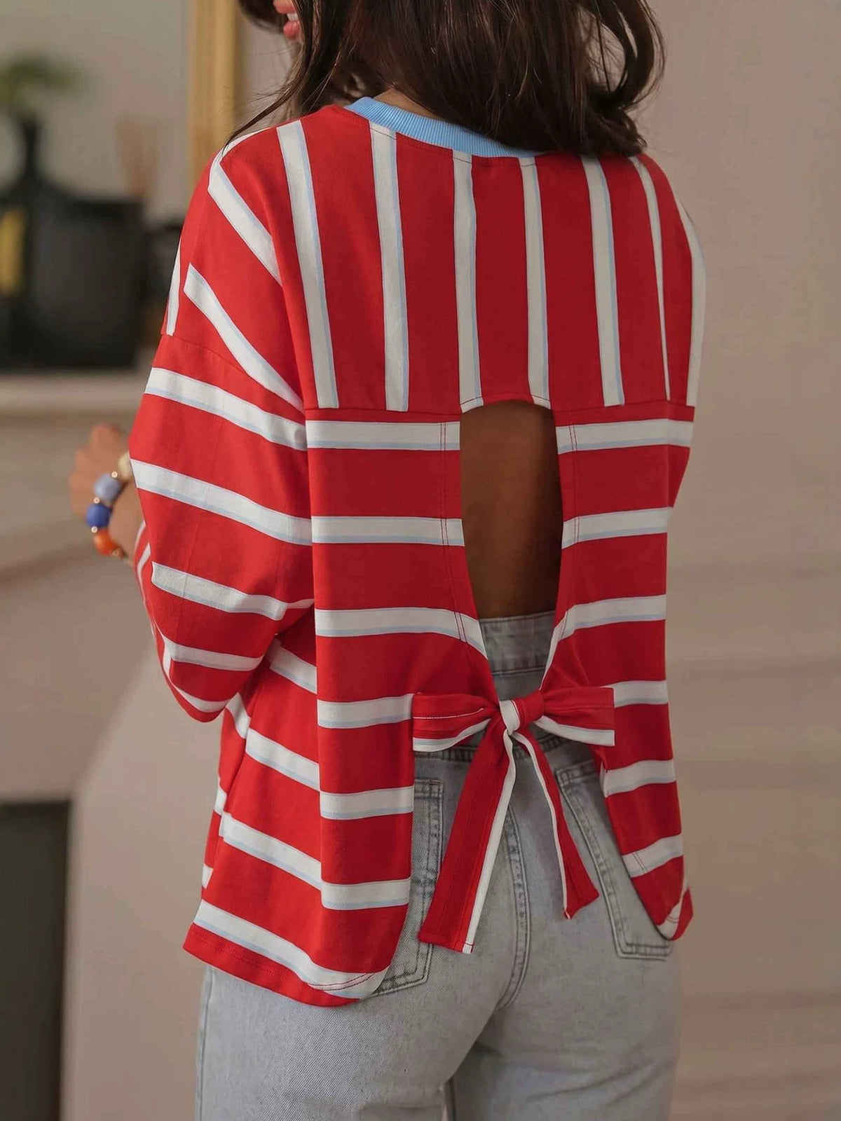 Women’s Red Striped Cotton Lace-Up Blouse - KaleaBoutique.com