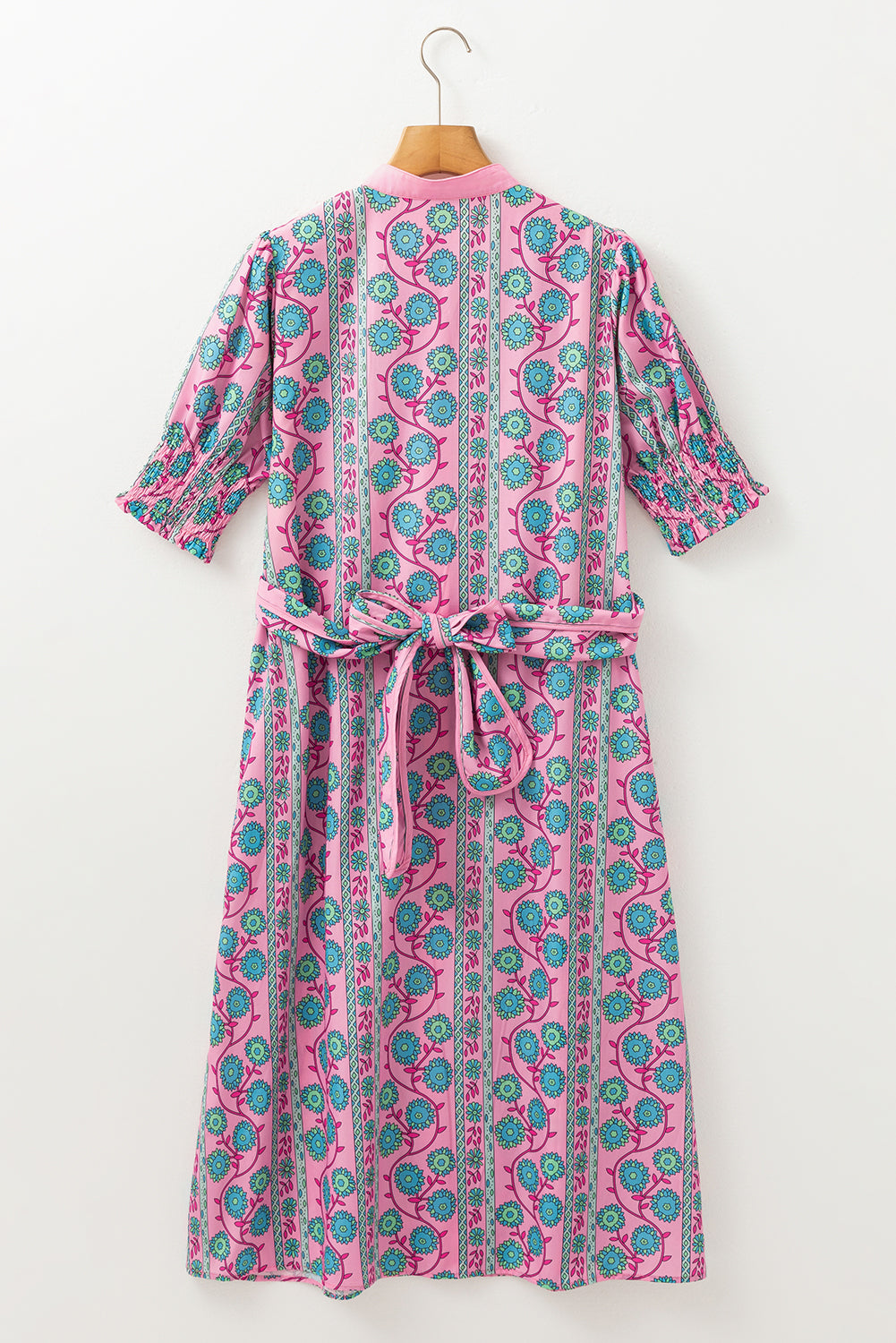 KaleaBoutique Stylish Floral Shirred Puff Sleeve Buttoned Front Midi Dress with Sash - KaleaBoutique.com