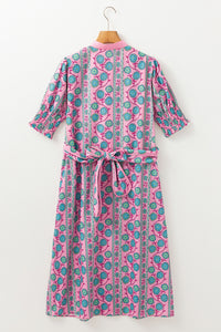 KaleaBoutique Stylish Floral Shirred Puff Sleeve Buttoned Front Midi Dress with Sash - KaleaBoutique.com