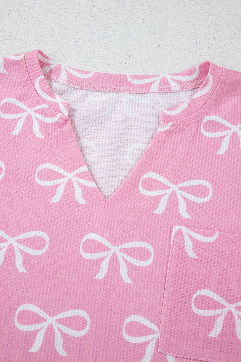 KaleaBoutique Stylish Waffle Knit Bowknot Printed V Neck T Shirt and Shorts Set - KaleaBoutique.com