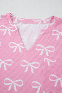 KaleaBoutique Stylish Waffle Knit Bowknot Printed V Neck T Shirt and Shorts Set - KaleaBoutique.com