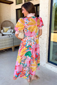 KaleaBoutique Stylish Floral Print Striped Trim Button Down Short Sleeve Vacation Dress - KaleaBoutique.com
