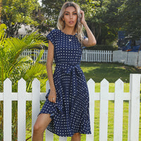 Women's Polka-Dot Round-Neck Tie-Waist Midi Dress - KaleaBoutique.com