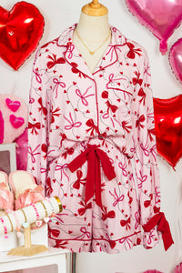 KaleaBoutique Comfortable Bow Print Valentine Long Sleeve Shirt Shorts 2 Pcs Pajama Set - KaleaBoutique.com