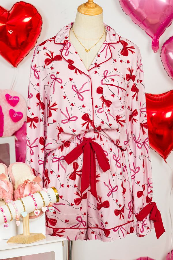 KaleaBoutique Comfortable Bow Print Valentine Long Sleeve Shirt Shorts 2 Pcs Pajama Set - KaleaBoutique.com