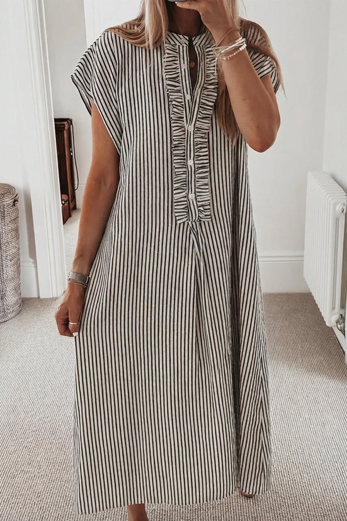 KaleaBoutique Stylish Frilled Detail Half Buttons Short Sleeve Long Dress - KaleaBoutique.com
