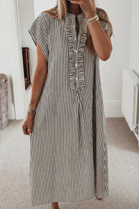 KaleaBoutique Stylish Frilled Detail Half Buttons Short Sleeve Long Dress - KaleaBoutique.com