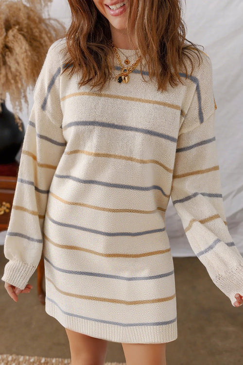 KaleaBoutique Comfortable Striped Print Drop Shoulder Shift Sweater Mini Dress - KaleaBoutique.com