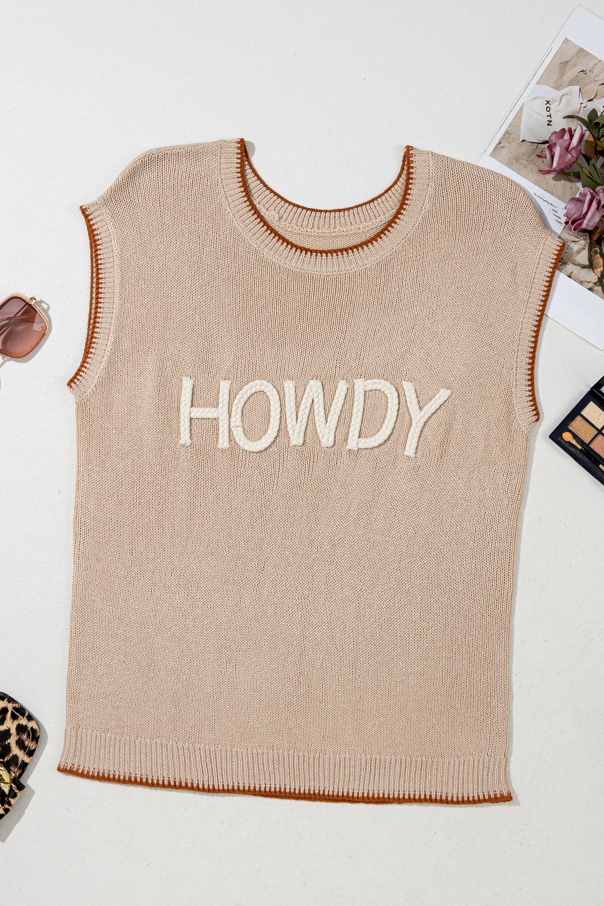 KaleaBoutique Stylish Contrast Trim Short Sleeve Knit HOWDY Western Sweater - KaleaBoutique.com