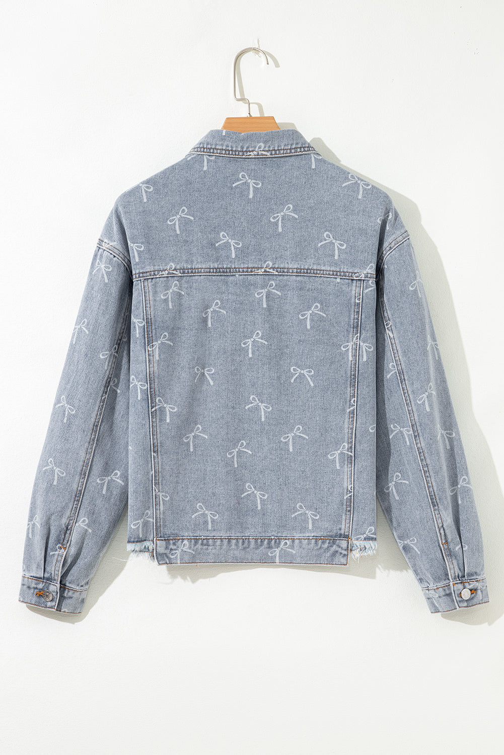 Bow Knot Print Light Wash Raw Hem Denim Jacket - KaleaBoutique.com