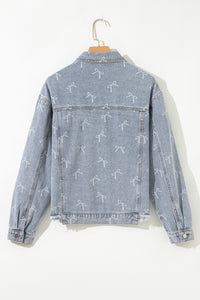 Bow Knot Print Light Wash Raw Hem Denim Jacket - KaleaBoutique.com