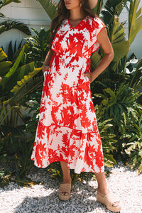 KaleaBoutique Stylish Floral Print Trimmed V Neck Ruffle Sleeve Long Dress - KaleaBoutique.com