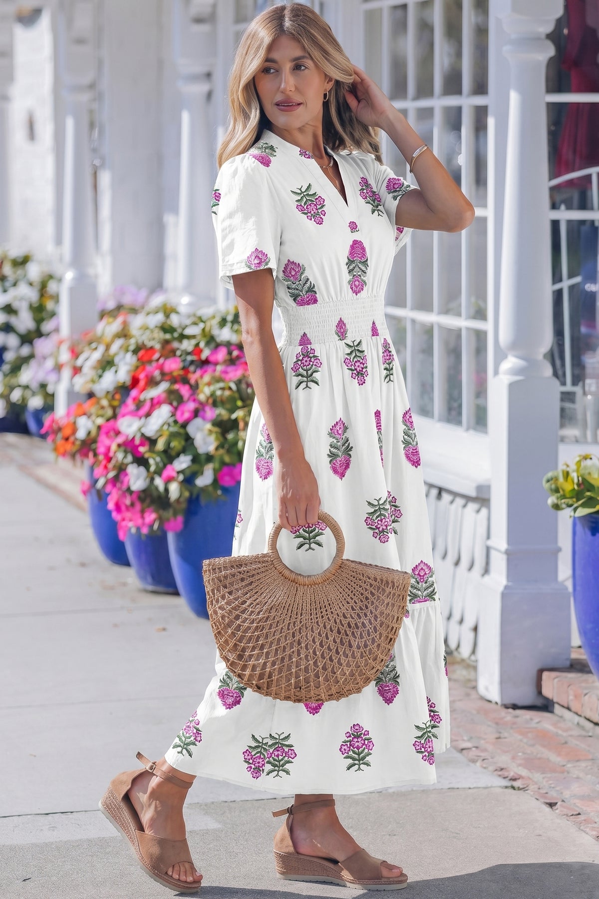 KaleaBoutique Stylish Floral Print Split Neck Shirred High Waist Ruffle Hem Maxi Dress - KaleaBoutique.com