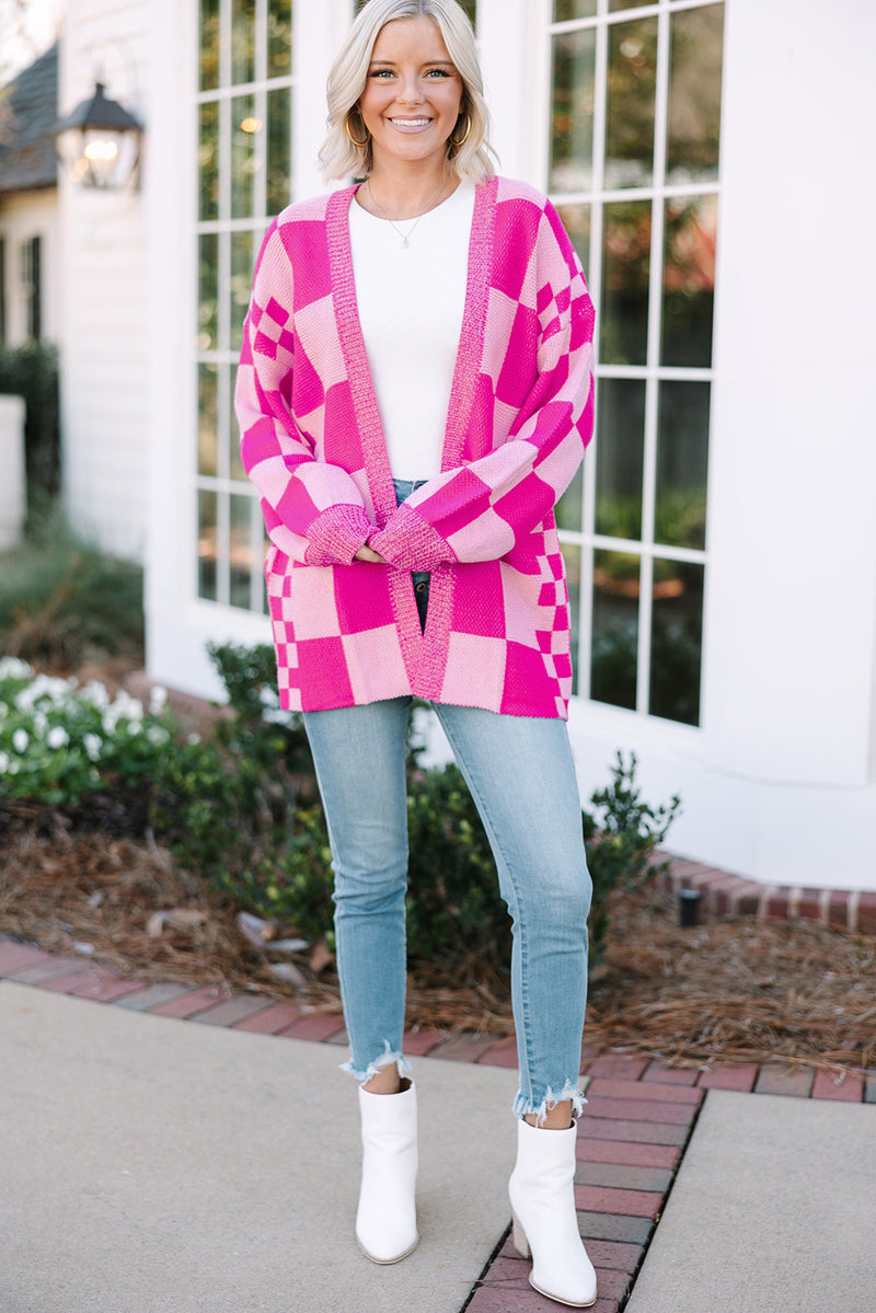 KaleaBoutique Stylish Checkered Printed Ribbed Trim Open Front Cardigan - KaleaBoutique.com