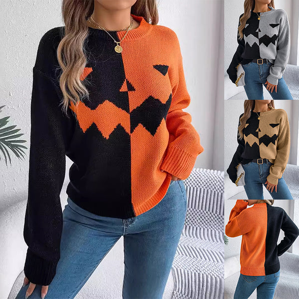Halloween Contrast-color Pullover Sweater Fashion Long Sleeve Knitted Tops For Womens Clothing - KaleaBoutique.com