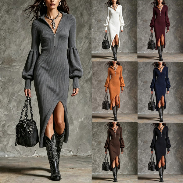 KaleaBoutique Stand-Collar Knit Dress with Lantern Sleeves and Slit - KaleaBoutique.com