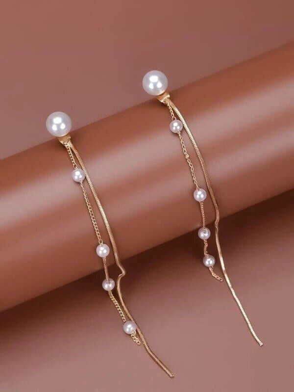 2-in-1 Dual Strand Pearl Earring Jackets, Bridal Dangle Minimalist Pearl Stud Earrings, Chain Dainty Ear Jacket Studs - KaleaBoutique.com