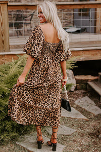 KaleaBoutique Stylish Leopard Print Bubble Sleeve Square Neck Maxi Dress - KaleaBoutique.com