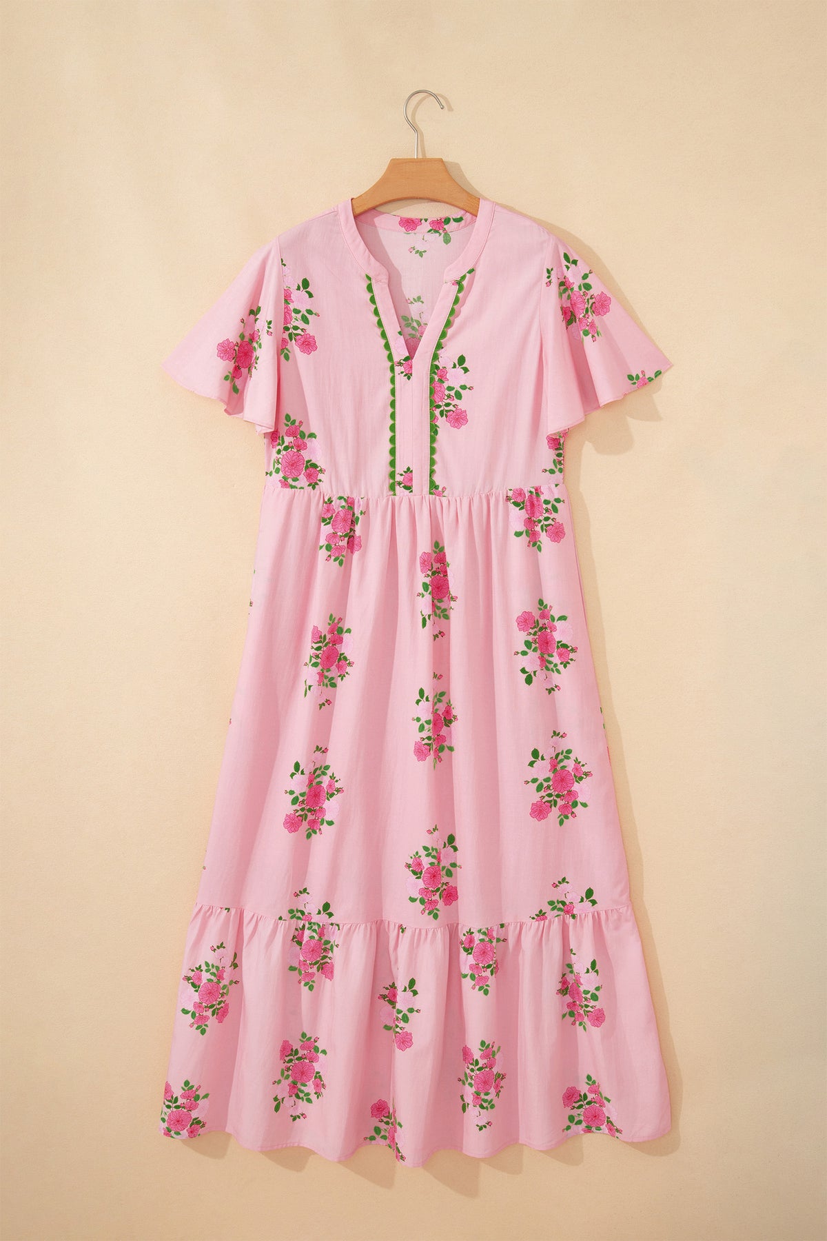 KaleaBoutique Comfortable Notched Neck Flutter Short Sleeve Floral Print Maxi Dress - KaleaBoutique.com