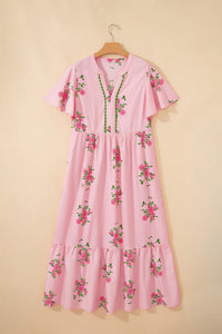 KaleaBoutique Comfortable Notched Neck Flutter Short Sleeve Floral Print Maxi Dress - KaleaBoutique.com