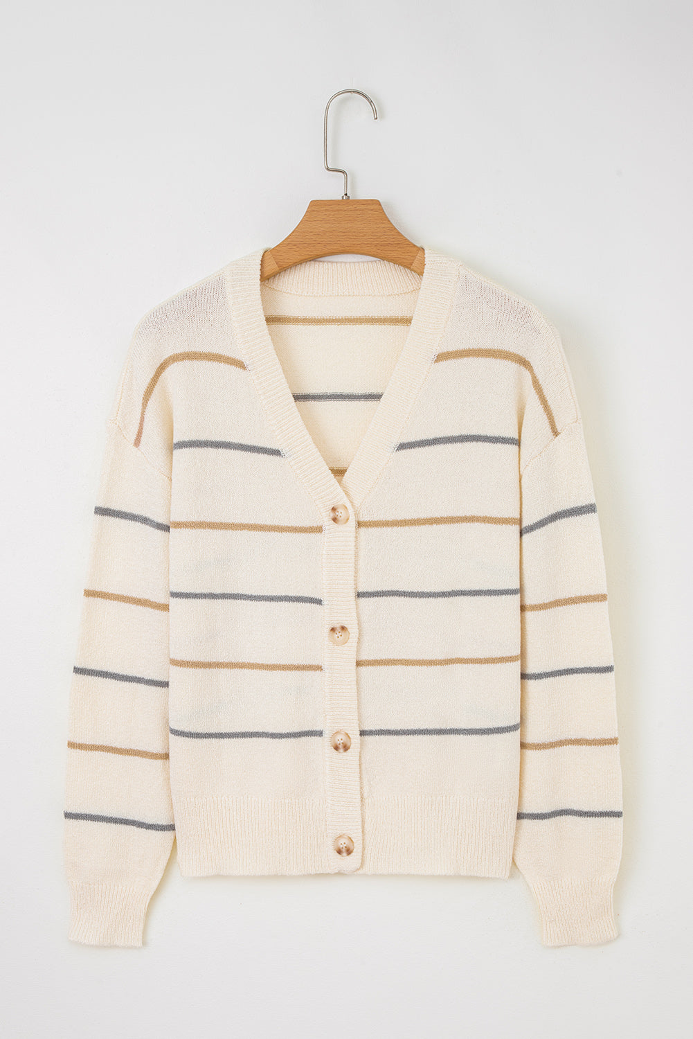 KaleaBoutique Comfortable Striped Buttoned Front V Neck Drop Shoulder Cardigan Sweater - KaleaBoutique.com