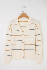 KaleaBoutique Comfortable Striped Buttoned Front V Neck Drop Shoulder Cardigan Sweater - KaleaBoutique.com