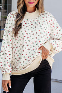 KaleaBoutique Stylish Ribbed High Neck Patchwork Floral Print Baggy Pullover Sweatshirt - KaleaBoutique.com