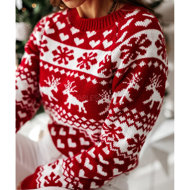 Women's Reindeer Snowflake and Heart Crew-Neck Christmas Sweater - KaleaBoutique.com