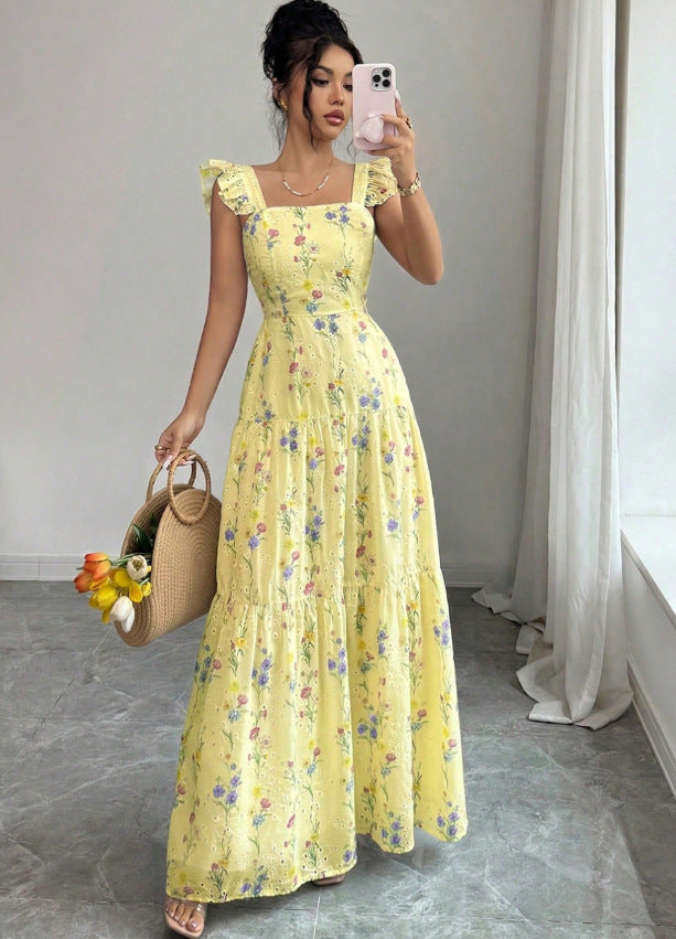 Women's Floral Square-Neck Ruffle-Strap Smocked Back Tiered Maxi Dress - KaleaBoutique.com