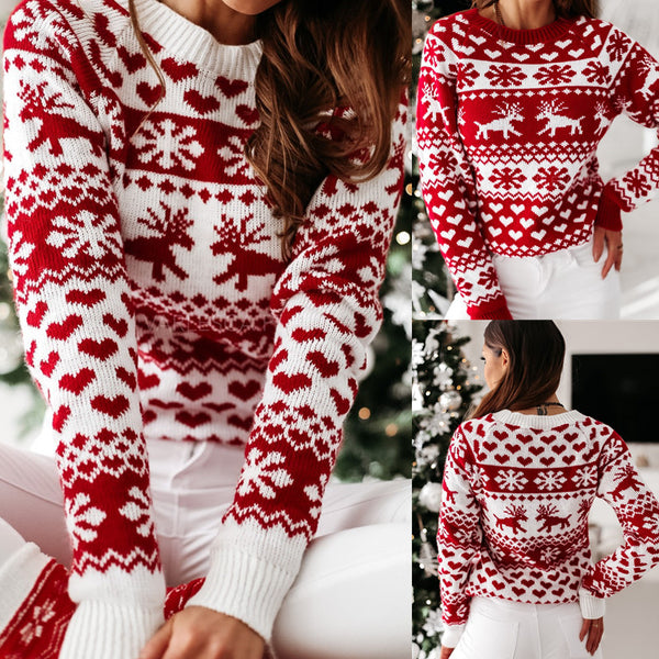 Women's Reindeer Snowflake and Heart Christmas Pullover Sweater - KaleaBoutique.com