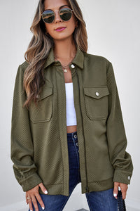 Solid Color Zip Up Button Flap Pocket Shirt Collar Jackets - KaleaBoutique.com