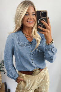 KaleaBoutique Stylish Ruffled Peter Pan Collar Western Denim Shirt - KaleaBoutique.com