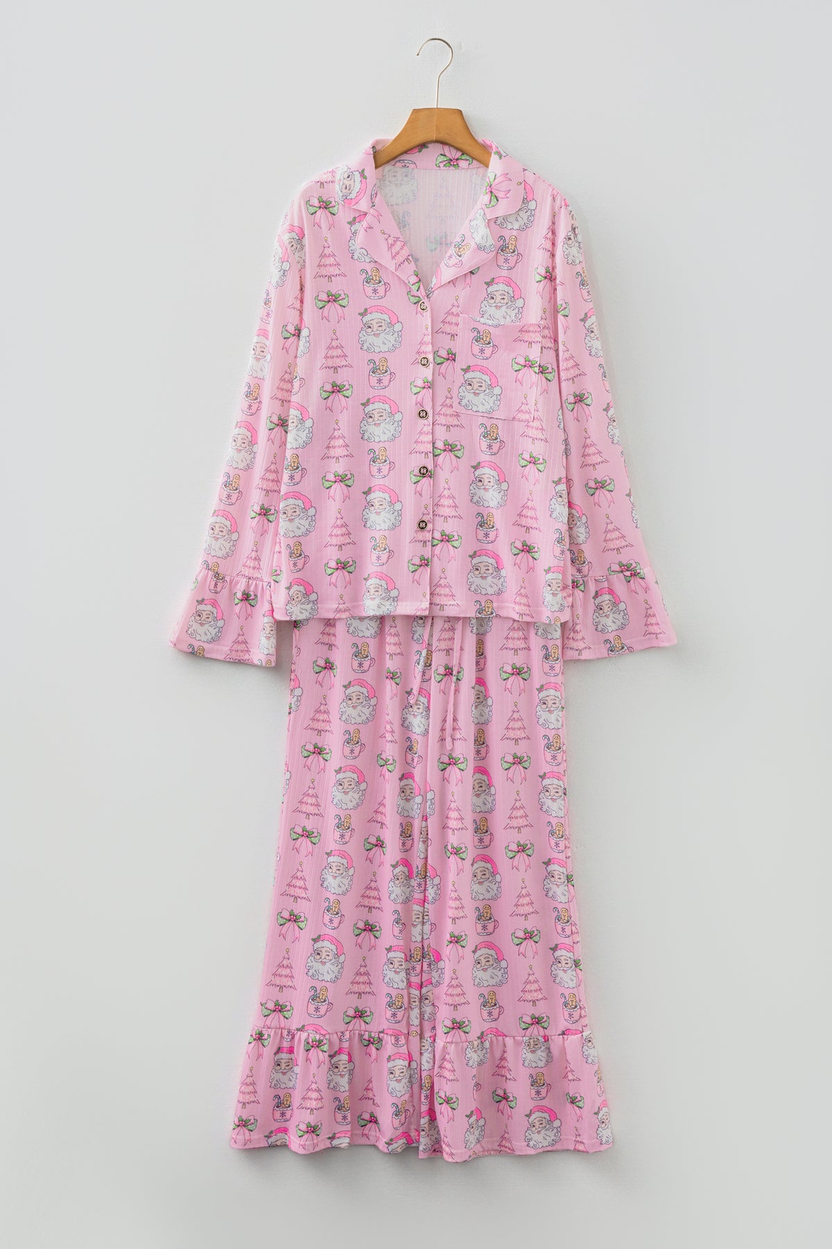 KaleaBoutique Stylish Christmas Print Ruffled Ribbed Shirt & Pants 2 Piece PJ Set - KaleaBoutique.com