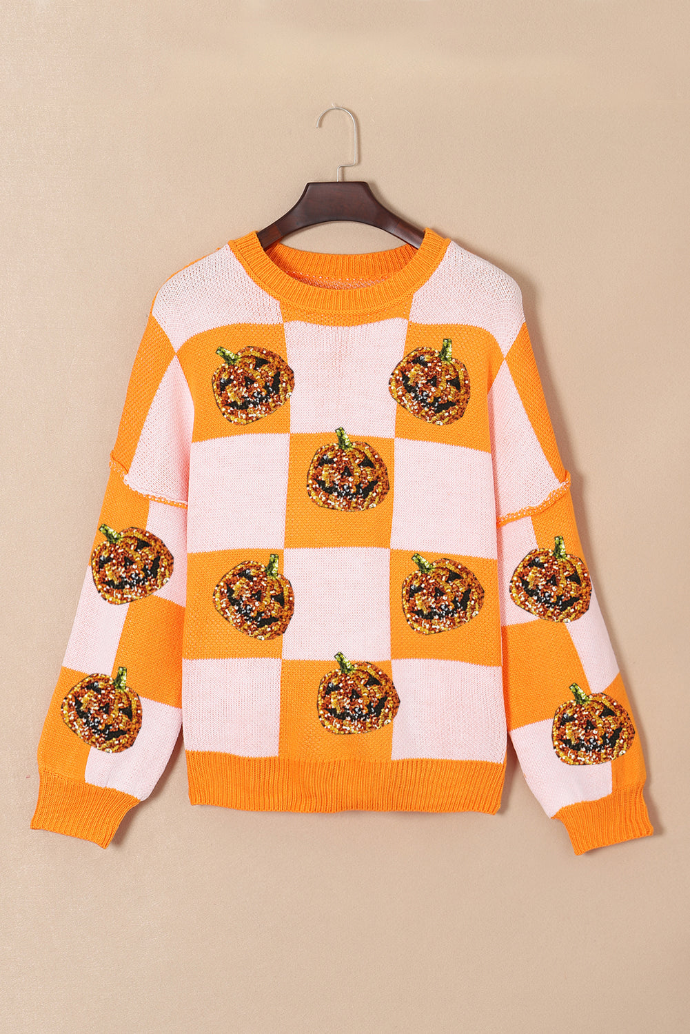 KaleaBoutique Sequined Halloween Pumpkin Checkered Pattern Puff Sleeve Sweater - KaleaBoutique.com