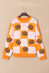 KaleaBoutique Sequined Halloween Pumpkin Checkered Pattern Puff Sleeve Sweater - KaleaBoutique.com