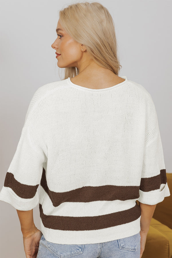KaleaBoutique Stylish Brown Striped Accent Notched V Neck Cropped Sweater T Shirt - KaleaBoutique.com