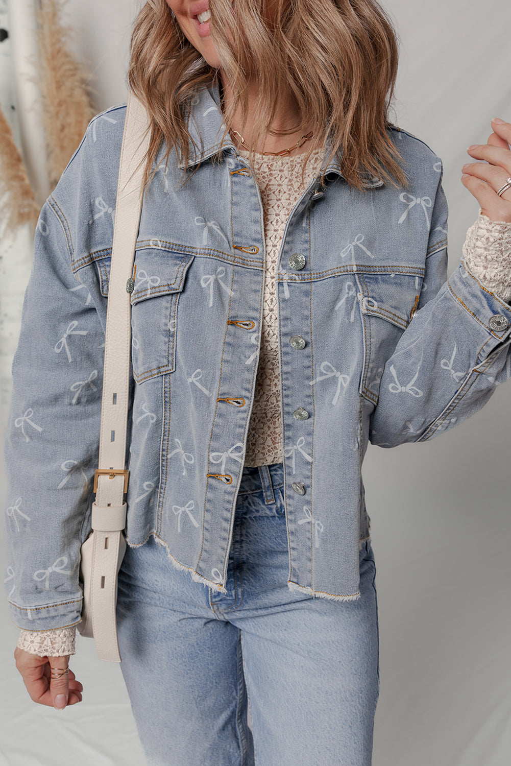 Bow Knot Print Light Wash Raw Hem Denim Jacket - KaleaBoutique.com